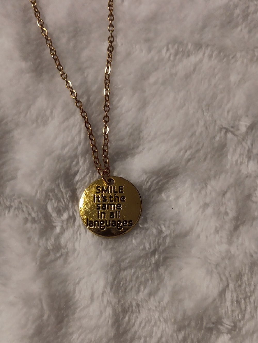 Gold Round Pendant Necklace - Smile Inspirational Charm - Picture 1 of 3